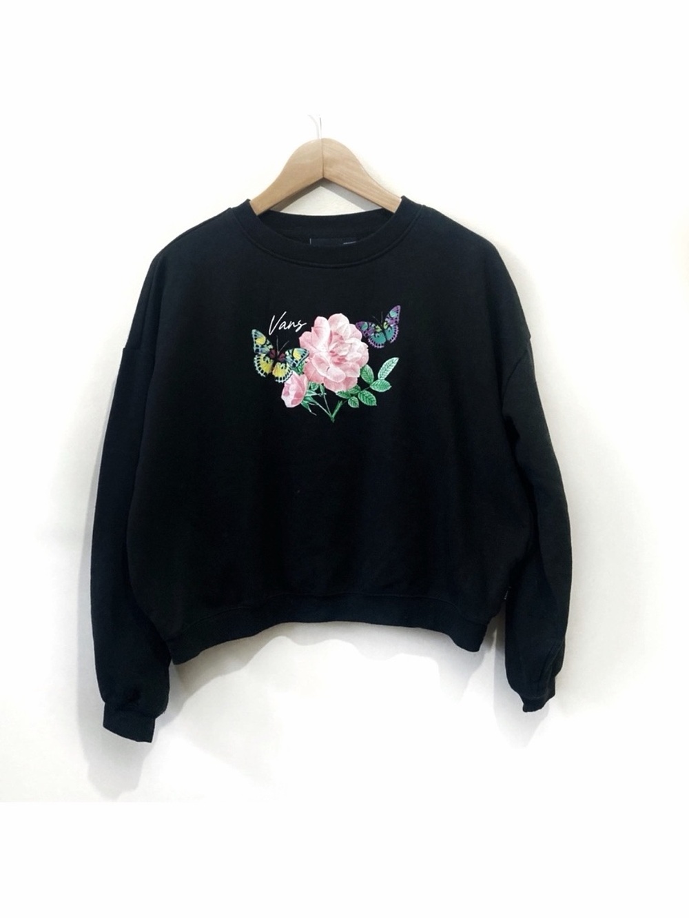 Vans Flower Butterfly Crop Sweatshirt Black Size Medium Oversized